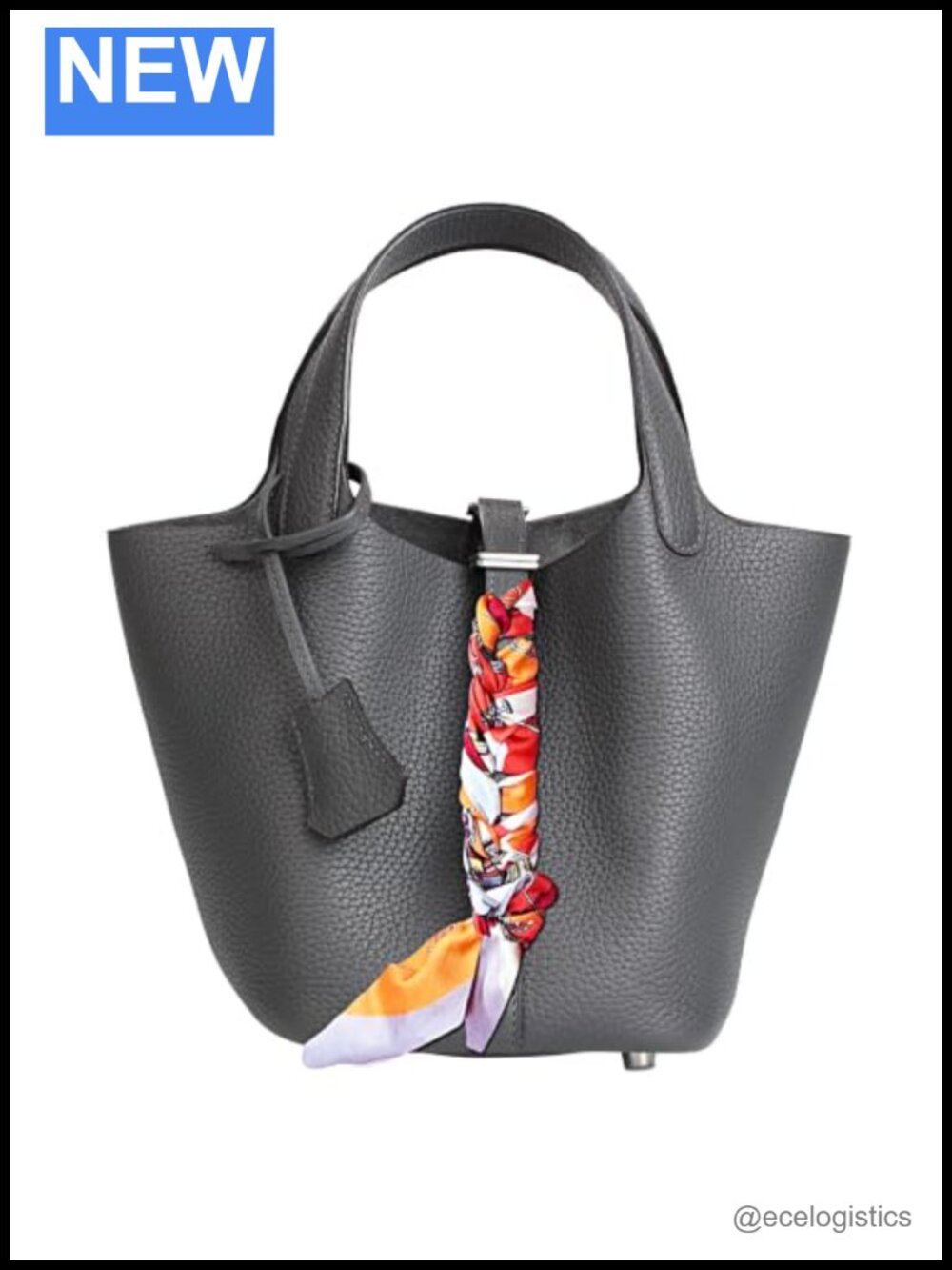Genuine Leather Bucket Bag for Women, Tote Handbag with Metal Clasp